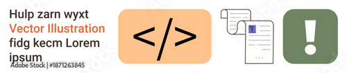 Web development, programming, documentation, warnings, coding guidelines, alerts. Code symbol, document illustration and exclamation icon. Web development and programming concepts