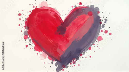 Vibrant abstract heart painted with watercolor splashes in contrasting red and purple hues
