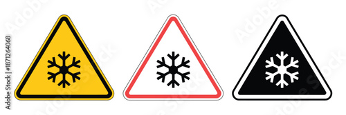 Cold warning signs collection silhouette flat icon design element, modern safety symbol set for cold weather alerts, low temperature danger, icy conditions, and industrial refrigeration warnings.