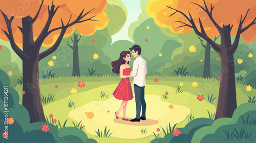 A loving couple stands together in a colorful autumn park, a romantic nature scene