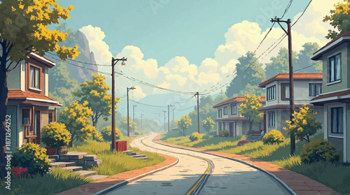 A picturesque illustration of a winding road through a charming neighborhood with houses and trees.