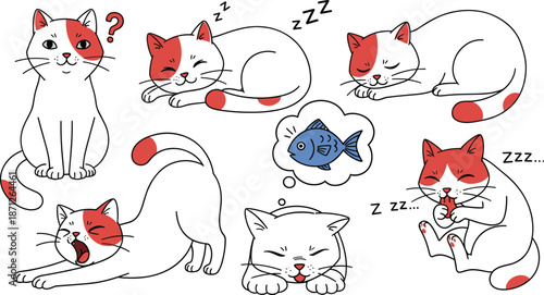 Cute cat character set illustration, feline sleeping, stretching, dreaming of fish, grooming, white and red kitty emotional poses collection, pet behavior vector.