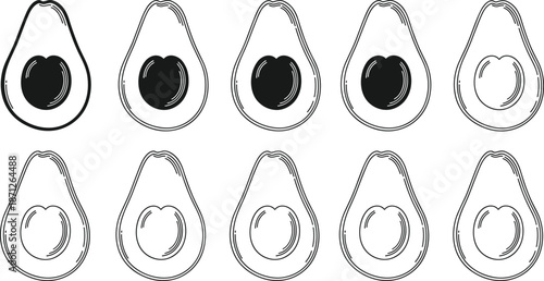 Avocado pattern illustration, sliced avocado drawing, healthy food background, organic fruit sketch, minimal design, cad drawing flat vector illustration