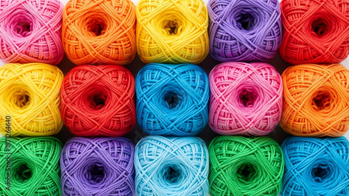 Vibrant rainbow colored yarn skeins arranged in neat rows and columns wool craft
