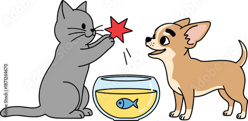 Cute grey cat and chihuahua dog playing together, pet friends with red star toy and fishbowl, friendly domestic animal interaction, vector art, illustration.