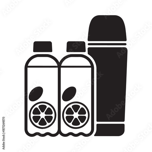 Simple black and white illustration of beverage bottles and a thermos