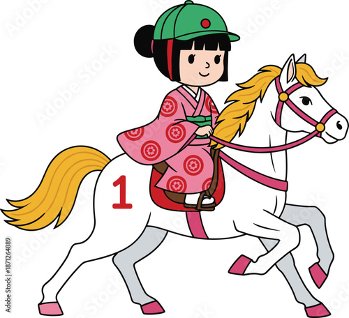 Cute, cartoon, girl, wearing, pink, kimono, and, green, helmet, riding, a, white, horse, with, number, one, isolated, vector, illustration, equestrian, sports, design.
