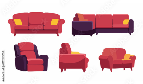 Cartoon sofa furniture vector collection with flat colorful couch designs
