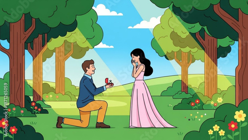 Man Proposing to Woman in Pink Dress Kneeling in Green Park during Sunny Day