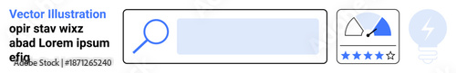 User interface, information search, review system, usability, performance tracking, user experience design. Search bar with magnifying glass, star rating performance gauge and lightbulb icon. User