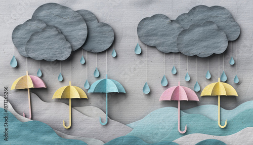 Cute and whimsical rainy day scene made in paper craft style. Grey paper cloud with hanging raindrop floats above colorful umbrella. Charming and handmade weather art concept