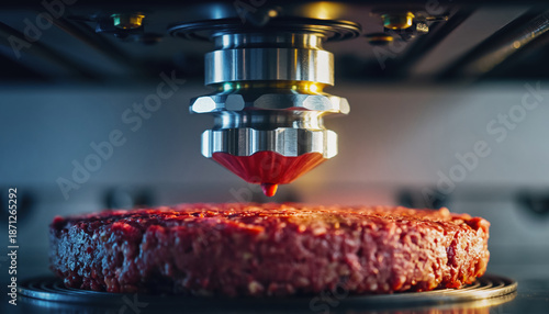 Futuristic food printer with metal nozzle using 3d printer technology. This innovation in science creates red plant based meat, glimpse into future culinary production