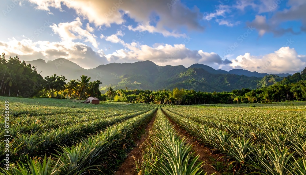 Fototapeta premium Lush pineapple field with mountains in the background under a cloudy sky.