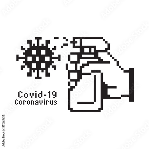 Pixelated illustration of hand spraying disinfectant on a coronavirus cell