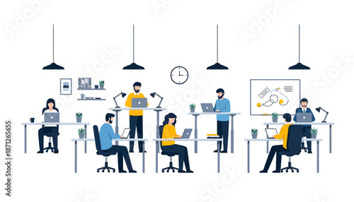 Office workers collaborating at their desks in a modern workspace with graphic displays and pendant lighting