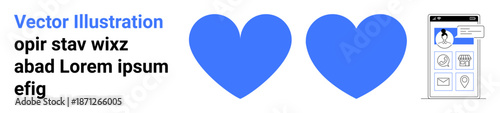 Online interaction, digital communication, social media, app design, user experience, modern technology. Two blue hearts and a smartphone interface. Online interaction and digital communication