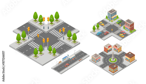 Isometric city road maps with urban infrastructure