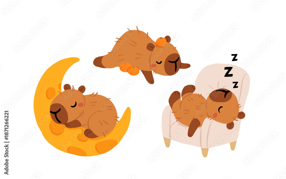 Obraz premium Sleeping capybara. Nap vector set with moon and armchair. Cute cozy animal illustration for bedtime and relaxation. Nursery stickers design. Clipart for social media