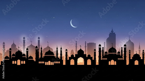 Islamic City Skyline Silhouette at Night with Crescent Moon