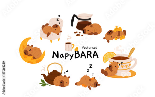 Sleeping capybara. Nap vector set with tea, coffee, moon and armchair. Cute cozy animal illustration for bedtime and relaxation. Nursery stickers design. Clipart for social media