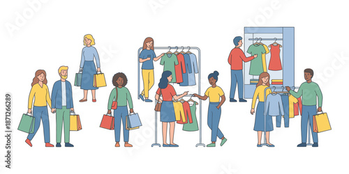 Diverse people shopping for clothes at retail stores