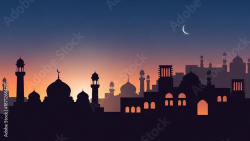 Islamic City Skyline at Sunset with Crescent Moon, Silhouette of Mosque Domes and Minarets