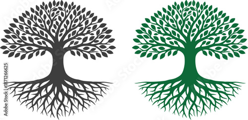 Tree of Life Silhouette with Roots Vector Illustration – Nature, Growth and Ecology Symbol