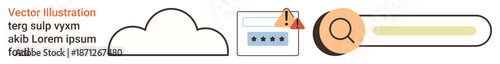 Cybersecurity, cloud storage, data privacy, internet safety, password protection, online search. Cloud icon, password manager with alert search bar with magnifying glass. Cybersecurity and cloud
