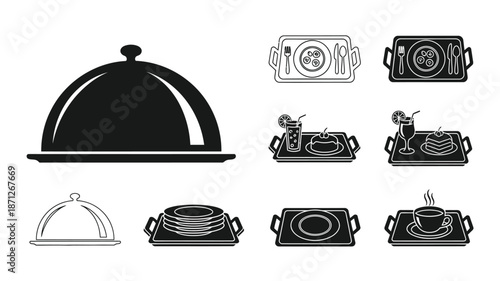 Culinary serving dish icons in a black and white style silhouette