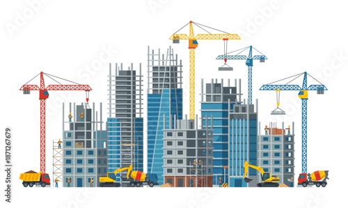City building construction site with cranes and workers
