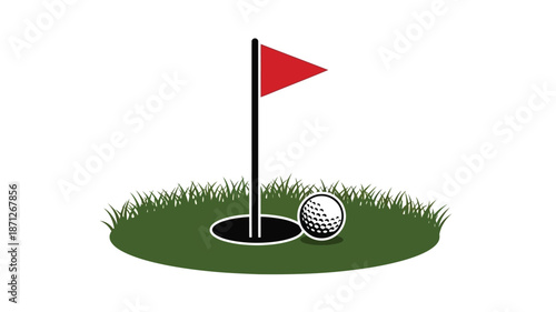 A red flag on a golf course with a golf ball silhouette