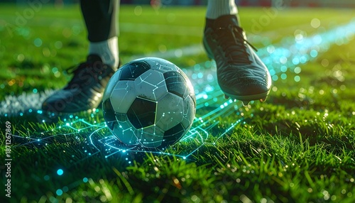 Futuristic Soccer Ball Glowing with Digital Lines on a Grassy Field