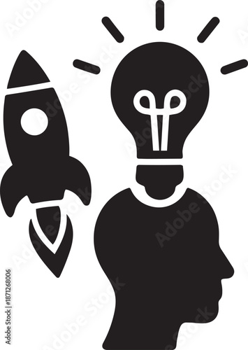 Creative thinking innovation startup concept icon with human mind lightbulb and rocket, glowing light bulb symbolizing creativity, idea generation, insight, brain power, intelligence 
