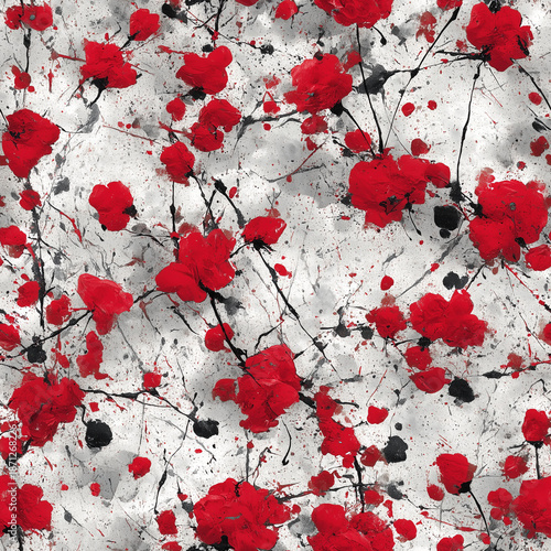 Valentine's Day Seamless Package: Artistic floral pattern with vibrant red blossoms, black ink splatters, and a textured white background, perfect for romantic designs and creative projects