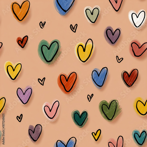 Colorful Hand-Drawn Heart Pattern on a Peach Background - Seamless Valentine's Day Package Design, Love and Romance, Artistic Illustration, Decorative Wallpaper, Digital Art