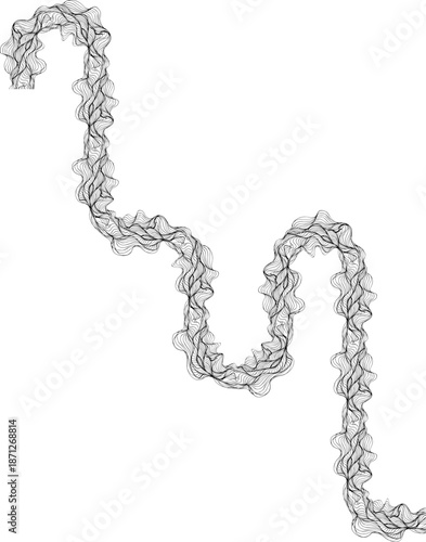 Labyrinth structure defined by a long continuous path formed through layered flowing lines.