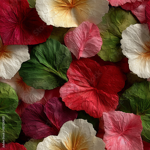 Valentine's Day Seamless Package: A vibrant and colorful pattern featuring scattered petals in shades of red, pink, white, and green, perfect for romantic designs and backgrounds