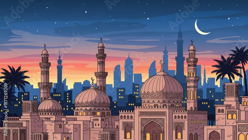 Mosque Cityscape at Dusk with Crescent Moon, Islamic Architecture, Modern Skyscrapers and and Palm Trees
