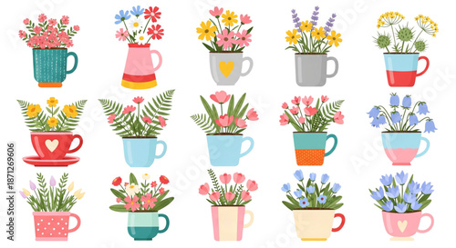 Charming Spring Flower Bouquets in Mugs. Cute Pastel Floral Illustrations for Greeting Cards, Web Design, Social Media.
