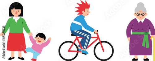Diverse group of people lifestyle collection, mother with toddler child, young man riding bicycle, elderly senior woman with walking stick, community illustration.