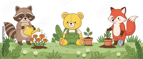 Cute woodland animals gardening illustration with raccoon, bear and fox planting flowers for kids nature vector design