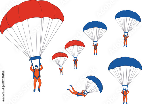 Parachuting skydiver illustration set with multiple landing and falling poses for extreme sport, aviation and adventure vector design