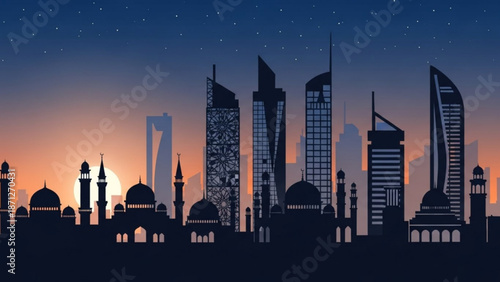 Dubai Skyline Silhouette at Sunset with Modern Skyscrapers and Mosques