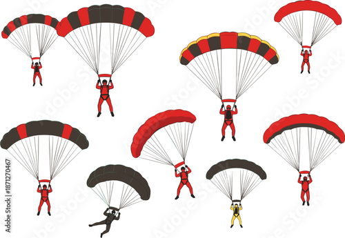 Parachuting skydiver icon set with multiple landing poses and colorful canopies for extreme sport and adventure vector design