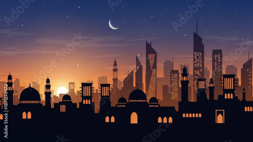 Dubai City Skyline Silhouette at Sunset with Crescent Moon, Skyscrapers and Mosques, Vector Illustration