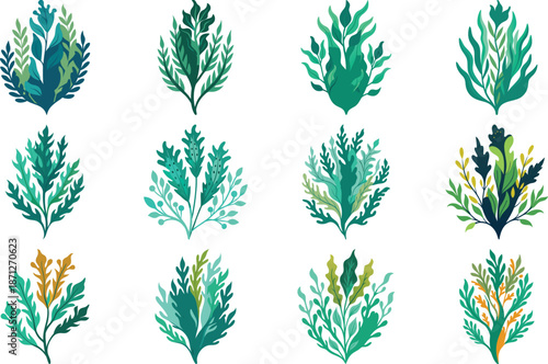 Botanical Plant and Flower Illustration Bundle Featuring Tropical Leaves, Succulents, Cactus, Ferns and Floral Elements, Nature Inspired Flat Vector Icons Isolated on White Background
