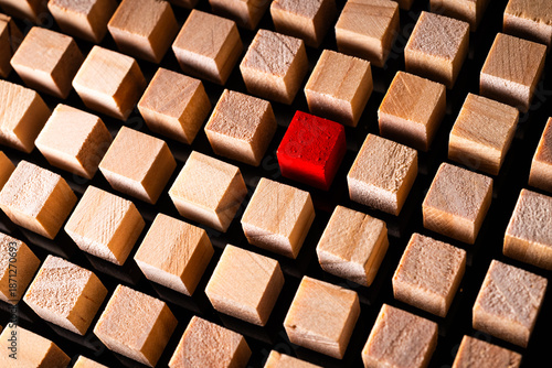 Tableau sur toile One red-colored Wooden Block in Ordered Structure