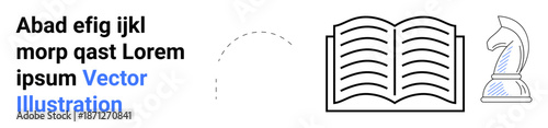 Education, strategy, creativity, planning, literature, focus. Open book, chess knight and dashed line elements. Education and strategy concepts with of literature and planning