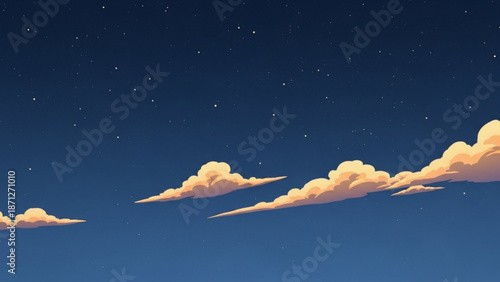 Golden Clouds Floating in Dark Blue Night Sky with Stars, Vector Illustration