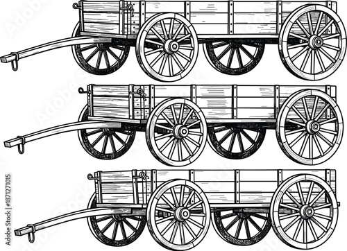 Vintage wooden wagon illustration set, old farm transport carts, historical rural carriage drawing, classic agriculture vehicle, cad drawing flat vector illustration